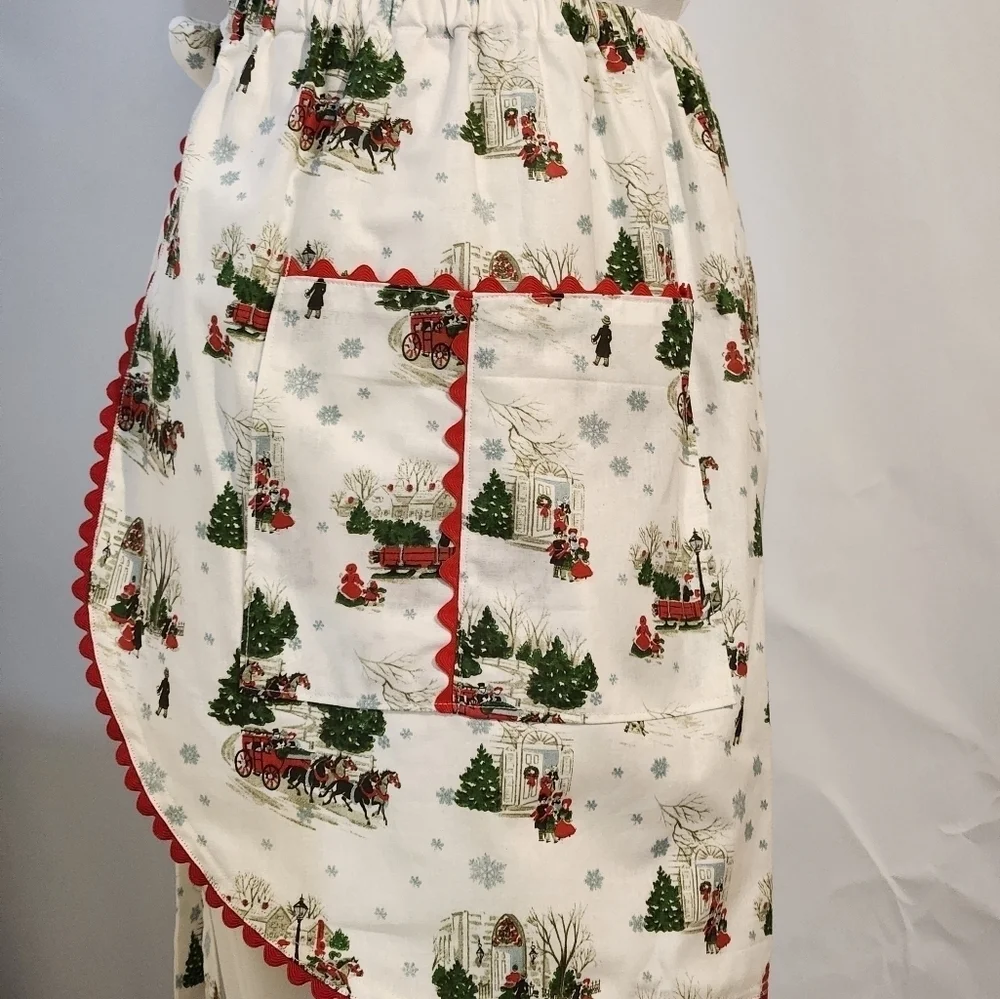 Handmade Vintage Style Christmas Apron White Red Green Rick Rack Trim Large